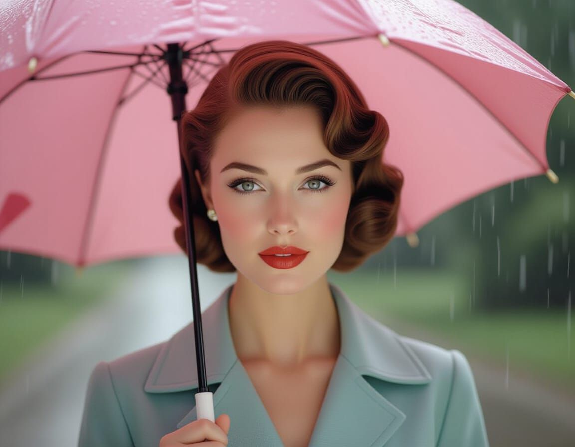 Elegant 1950s Woman with Pink Umbrella