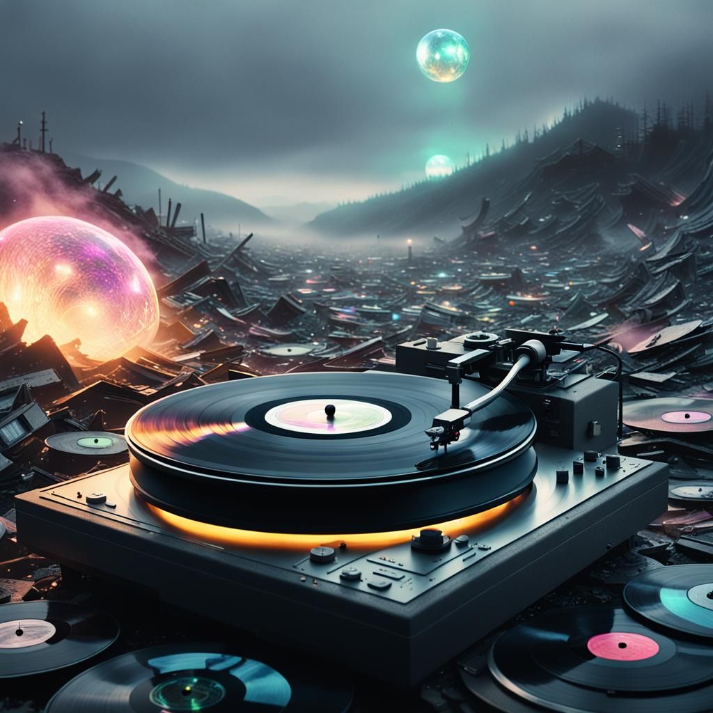 Vinyl Record in Misty Landfill: Fantasy Concept Art