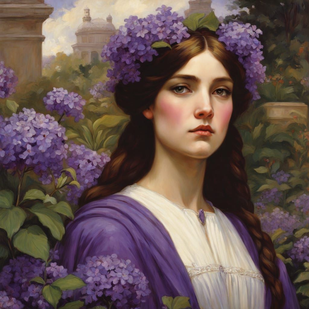 Surreal Woman in Vibrant Heliotrope Garden