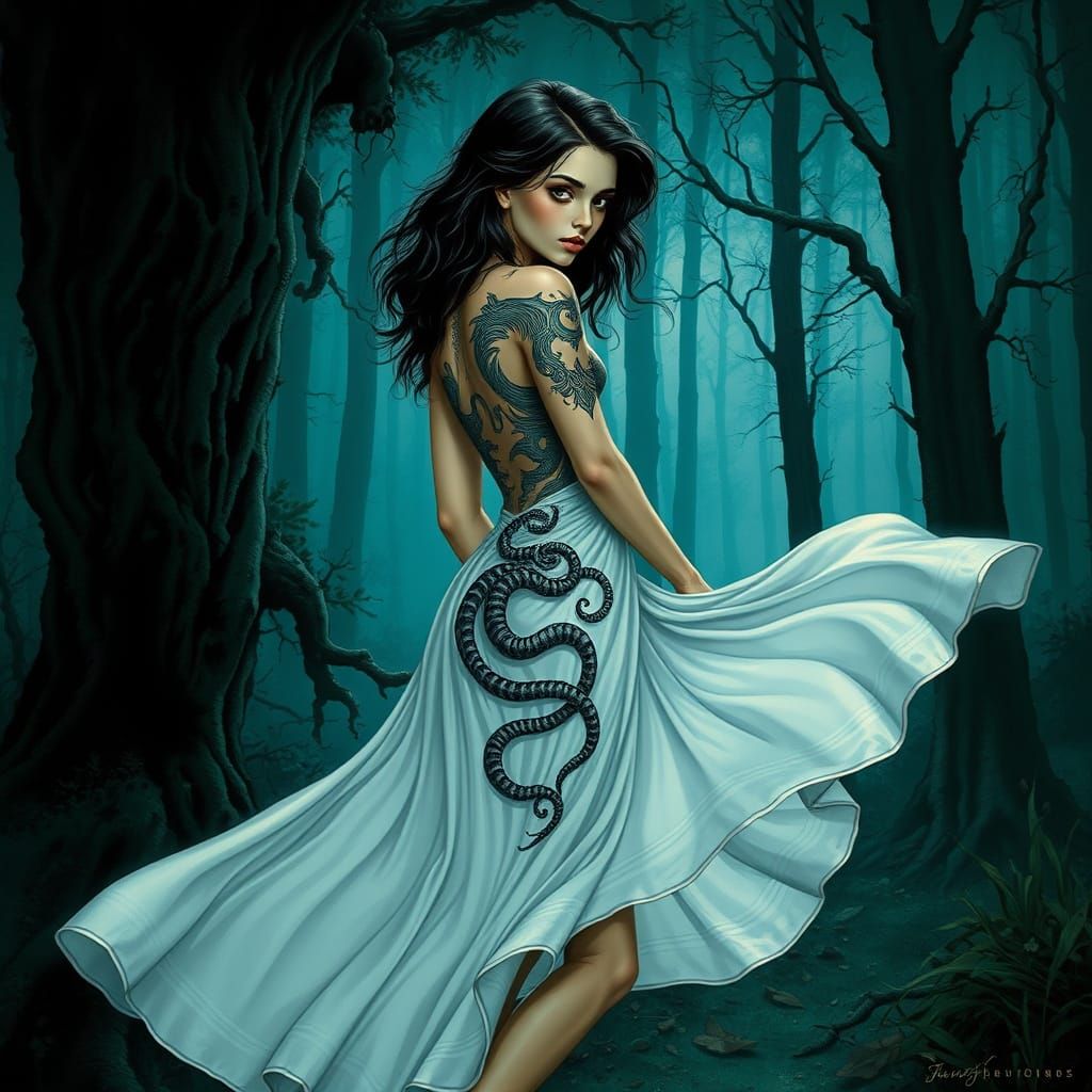 Gothic Goddess with Medusa Tattoo in Mystical Forest
