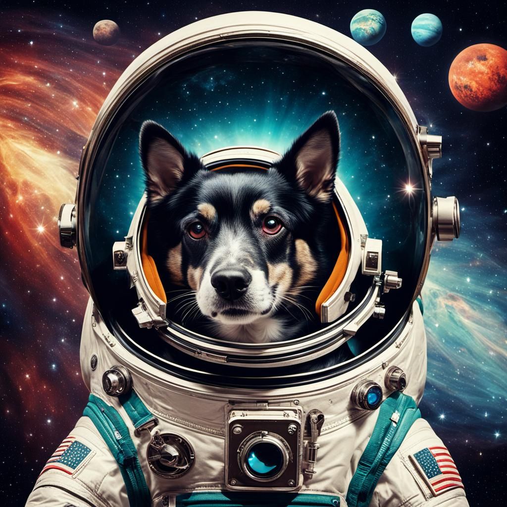 Retro-Futuristic Laika Dog in Space