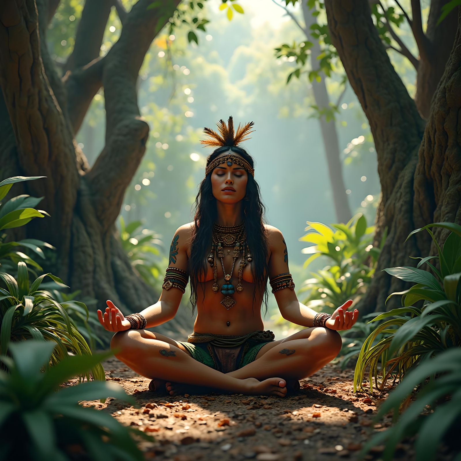 Tribal Person Meditating in Jungle, Detailed Matte Painting