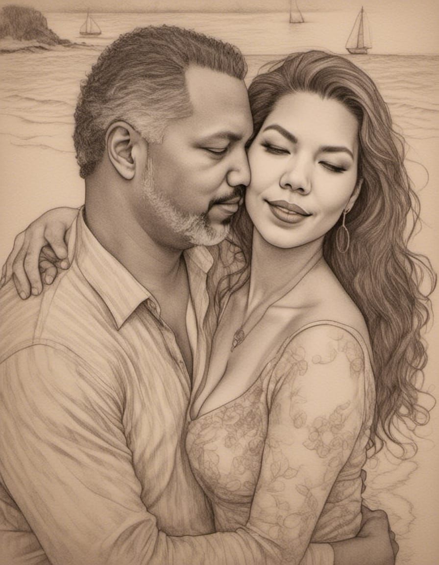 Romantic Couple Embrace in Pen and Ink Illustration