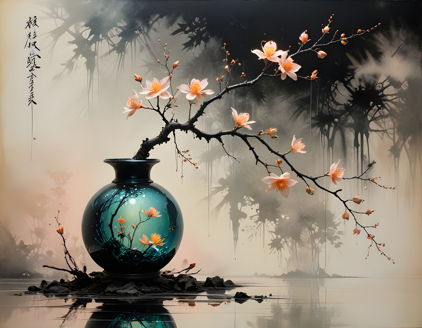 Bioluminescent Ikebana in Sumi-e Style