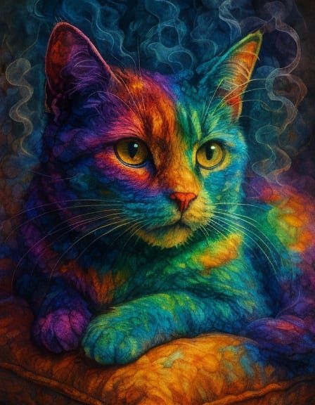 Rainbow Cat with Iridescent Fur: Macro Digital Art