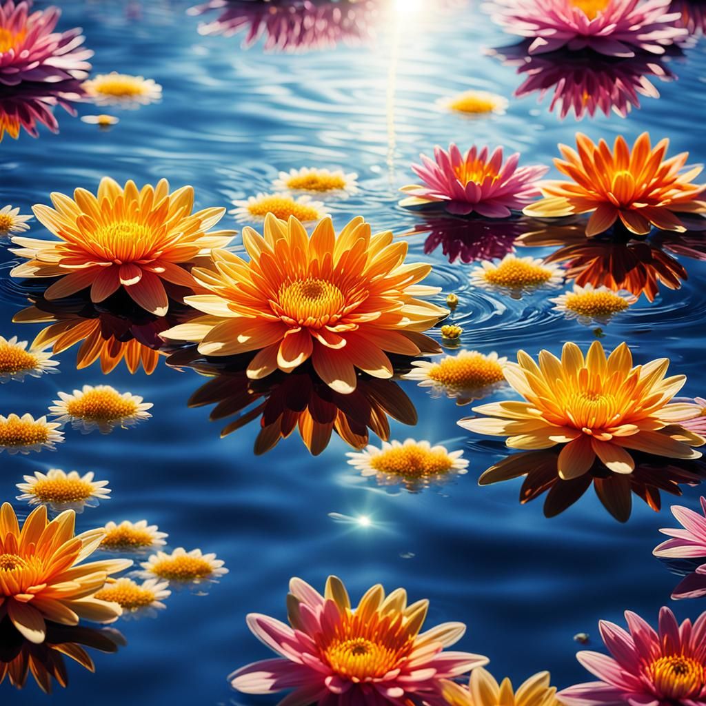 A breathtaking macrophotograph of flowers lying on water, re...