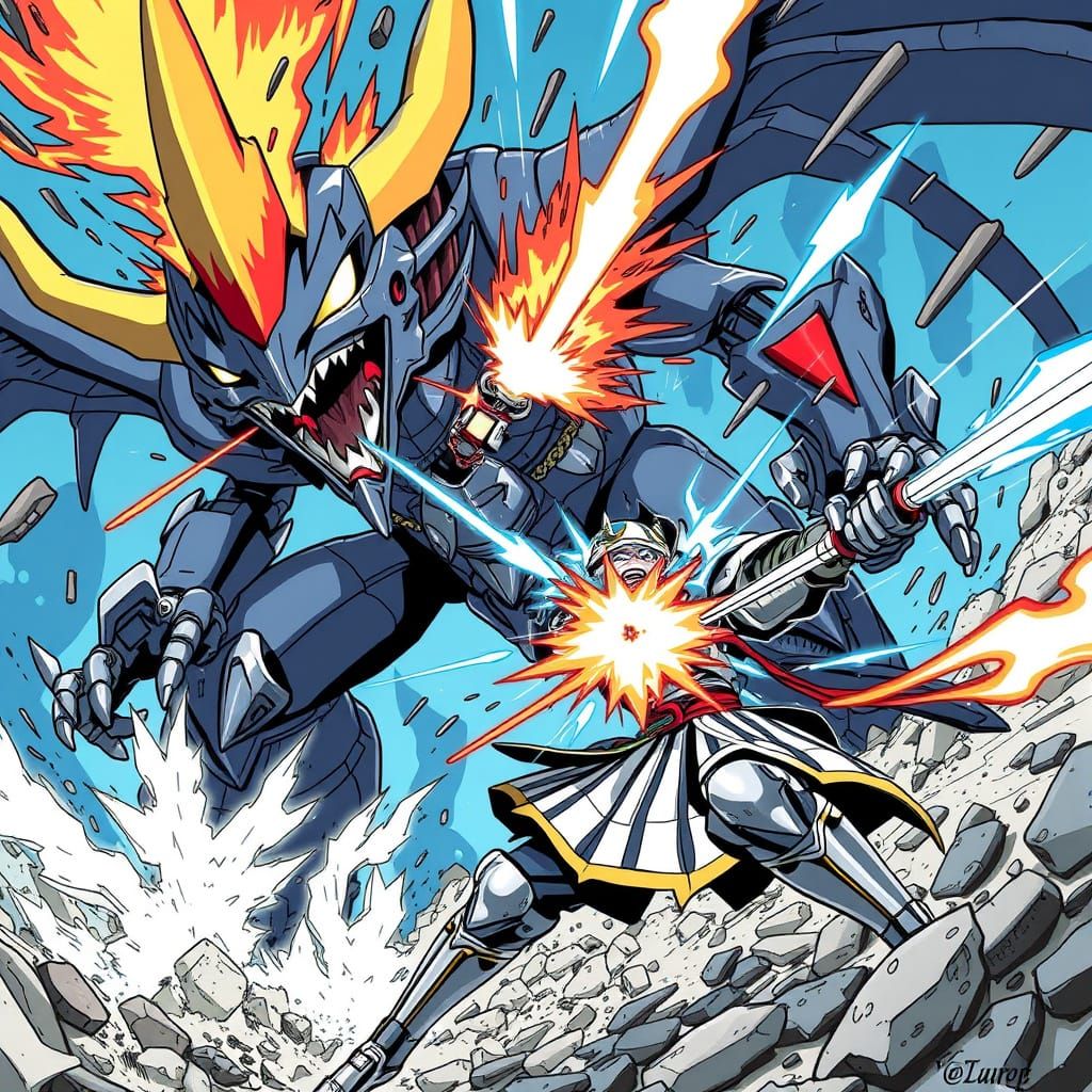 Japanese Hero Battles Monstrous Digimon in Shonen Anime Styl...