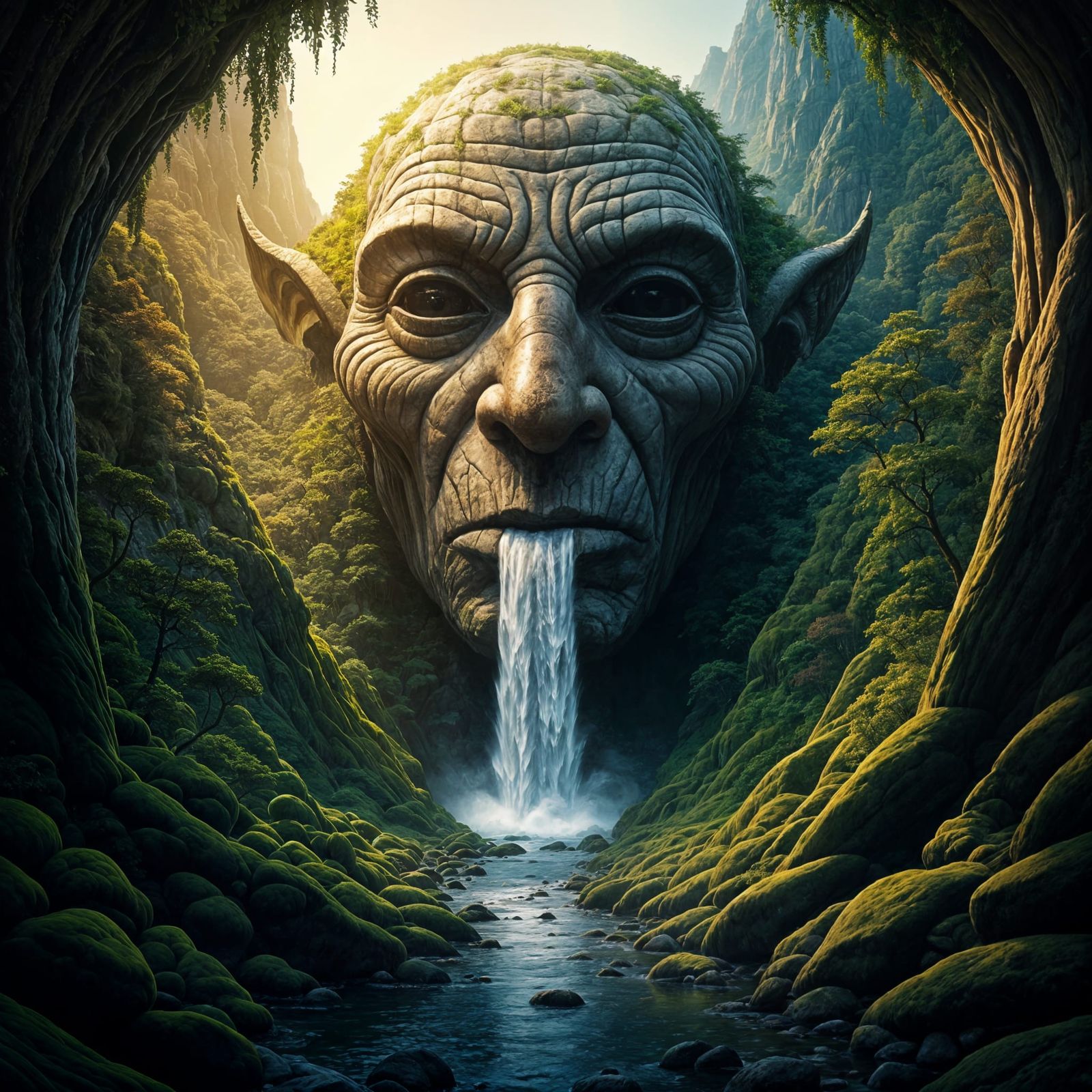 Surreal Goblin Mountain Waterfall in Golden Light