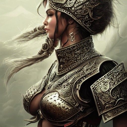 Strong Woman in Intricate Metal Armor Fantasy Art
