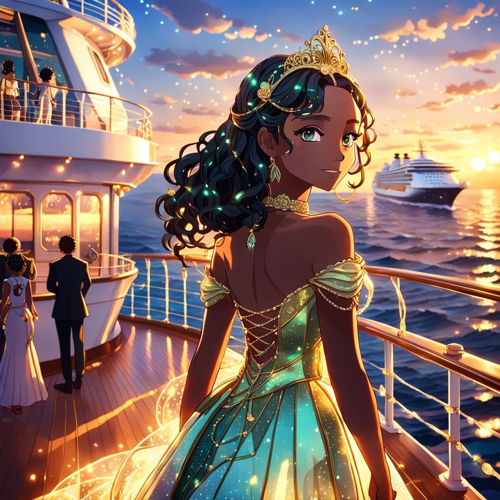 Tiana on Cruise Ship Deck at Sunset: Anime Art
