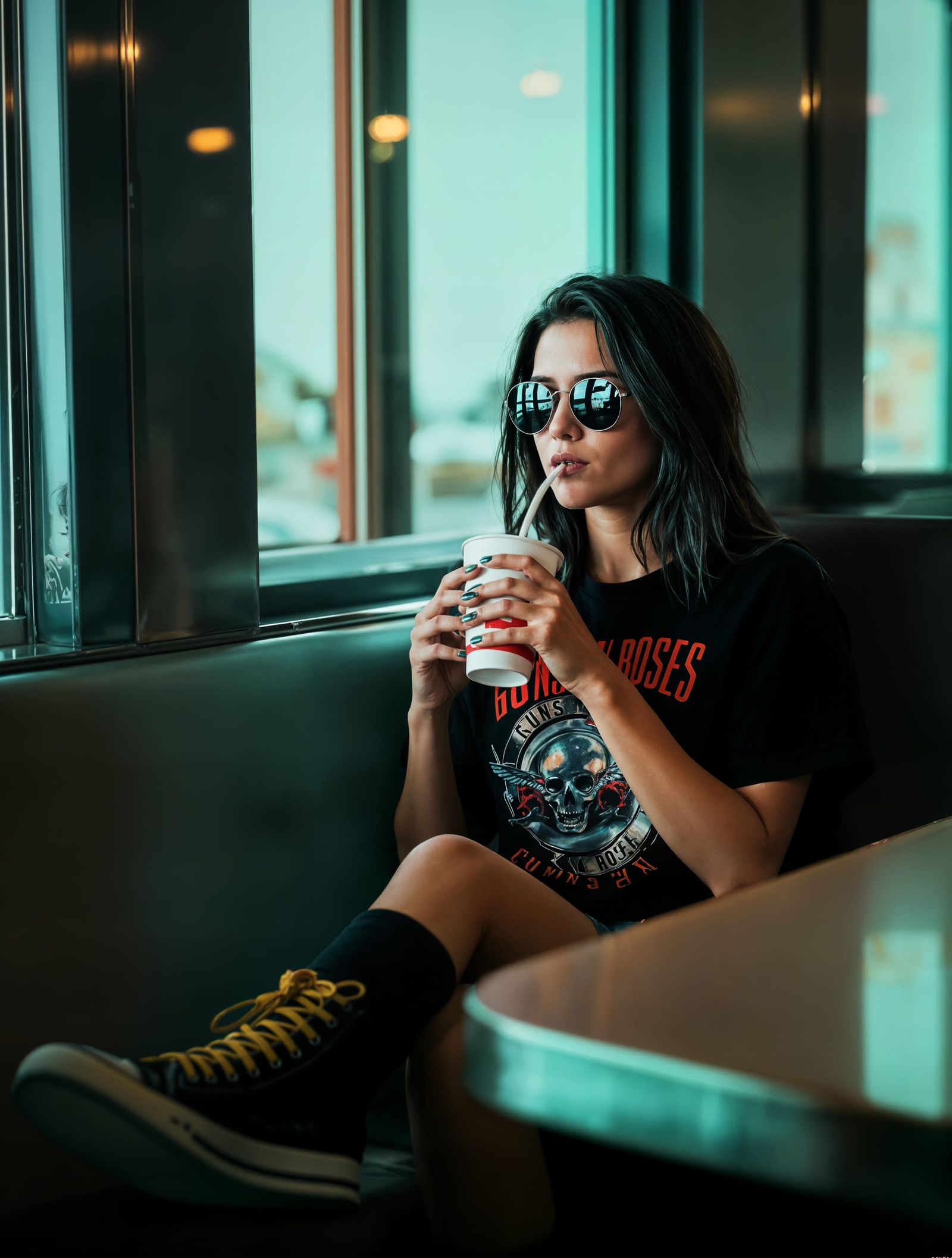 Young Woman in Diner Booth with Teal and Warm Tones