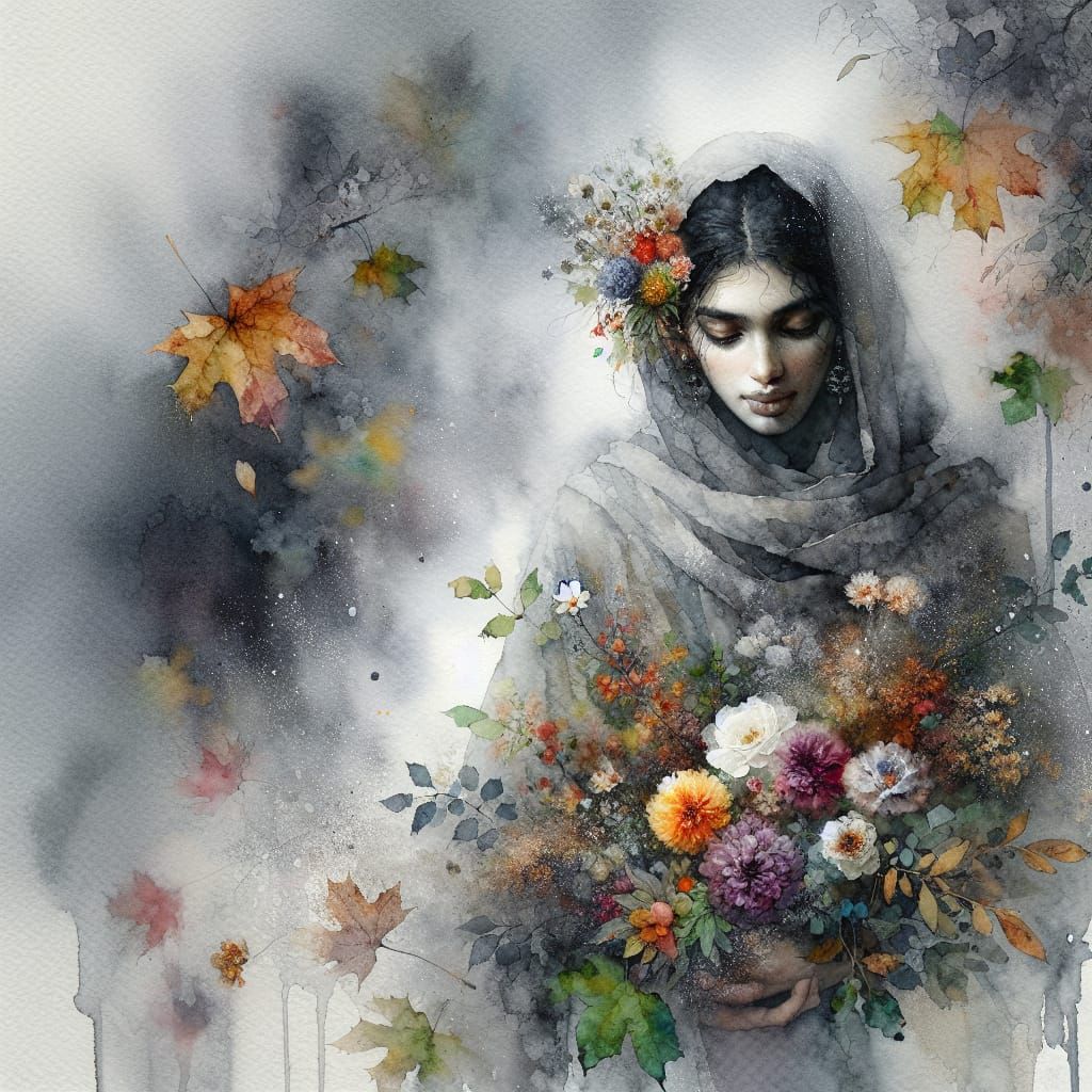 Ethereal Woman with Autumn Flowers in Watercolor