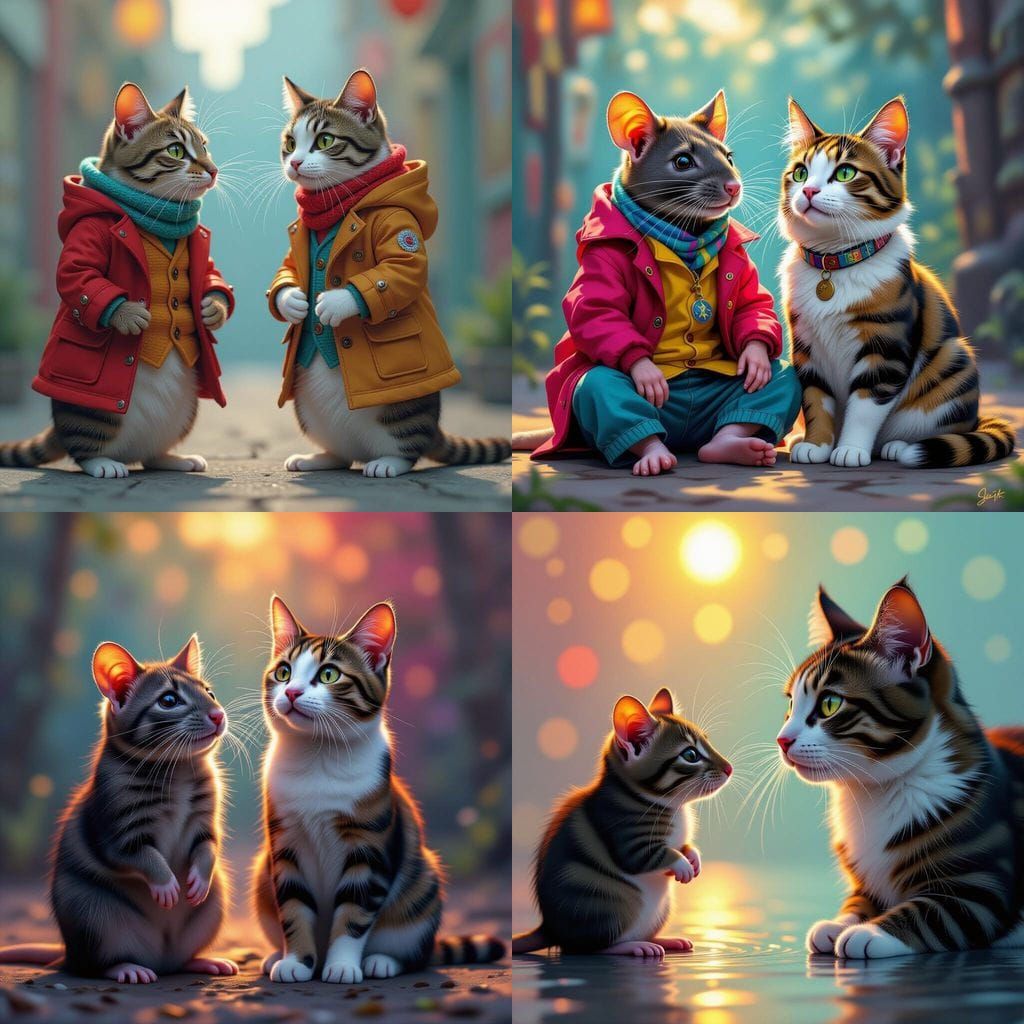 Unlikely Duo: A Rat and Cat in Detailed Splash Art Style