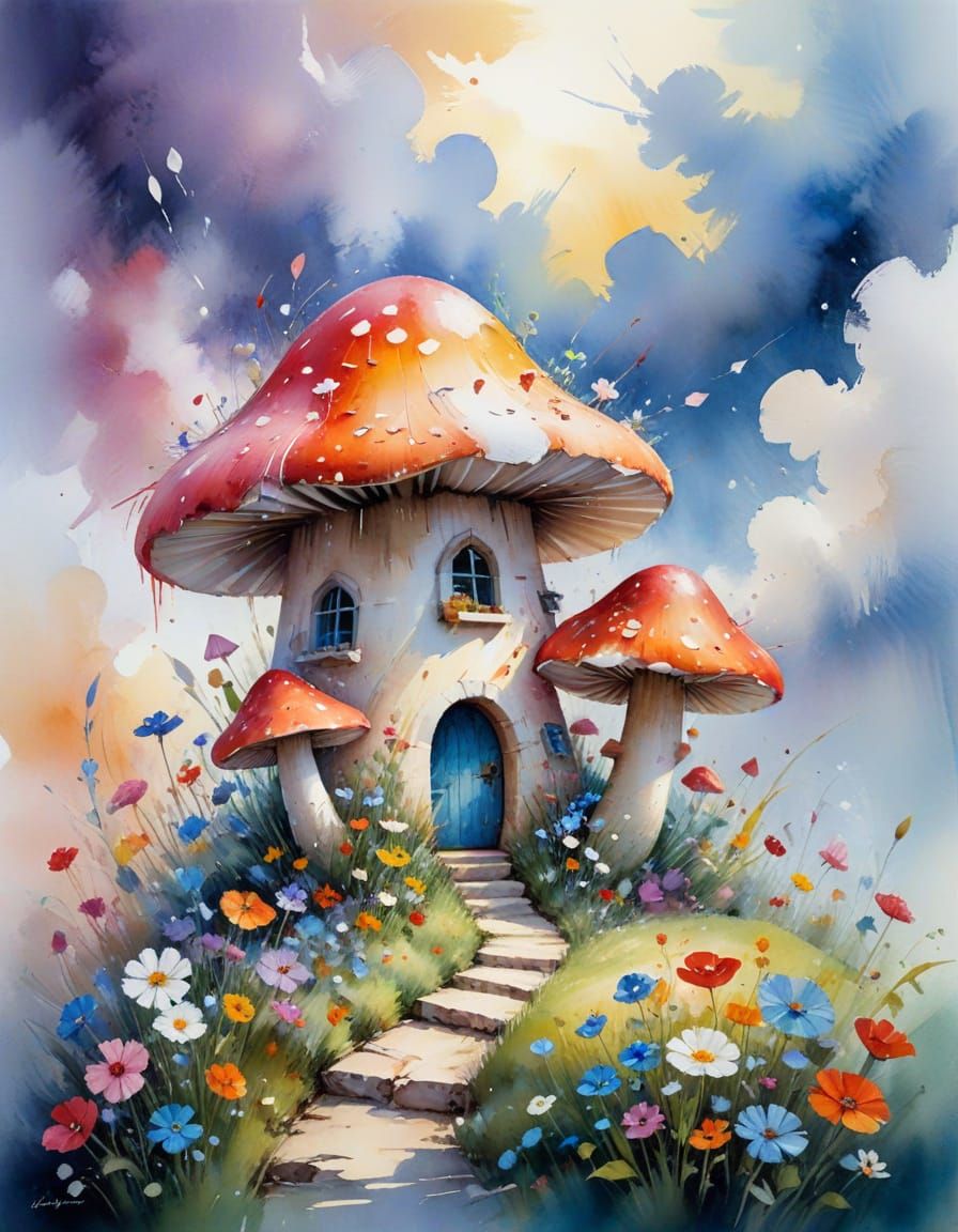 Whimsical Mushroom House in Expressionist Impasto Style