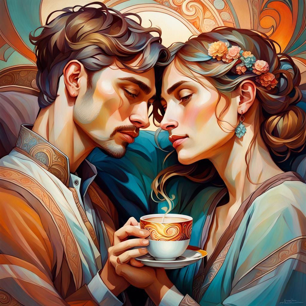 Couple Snuggling and Drinking Coffee as Oil Painting