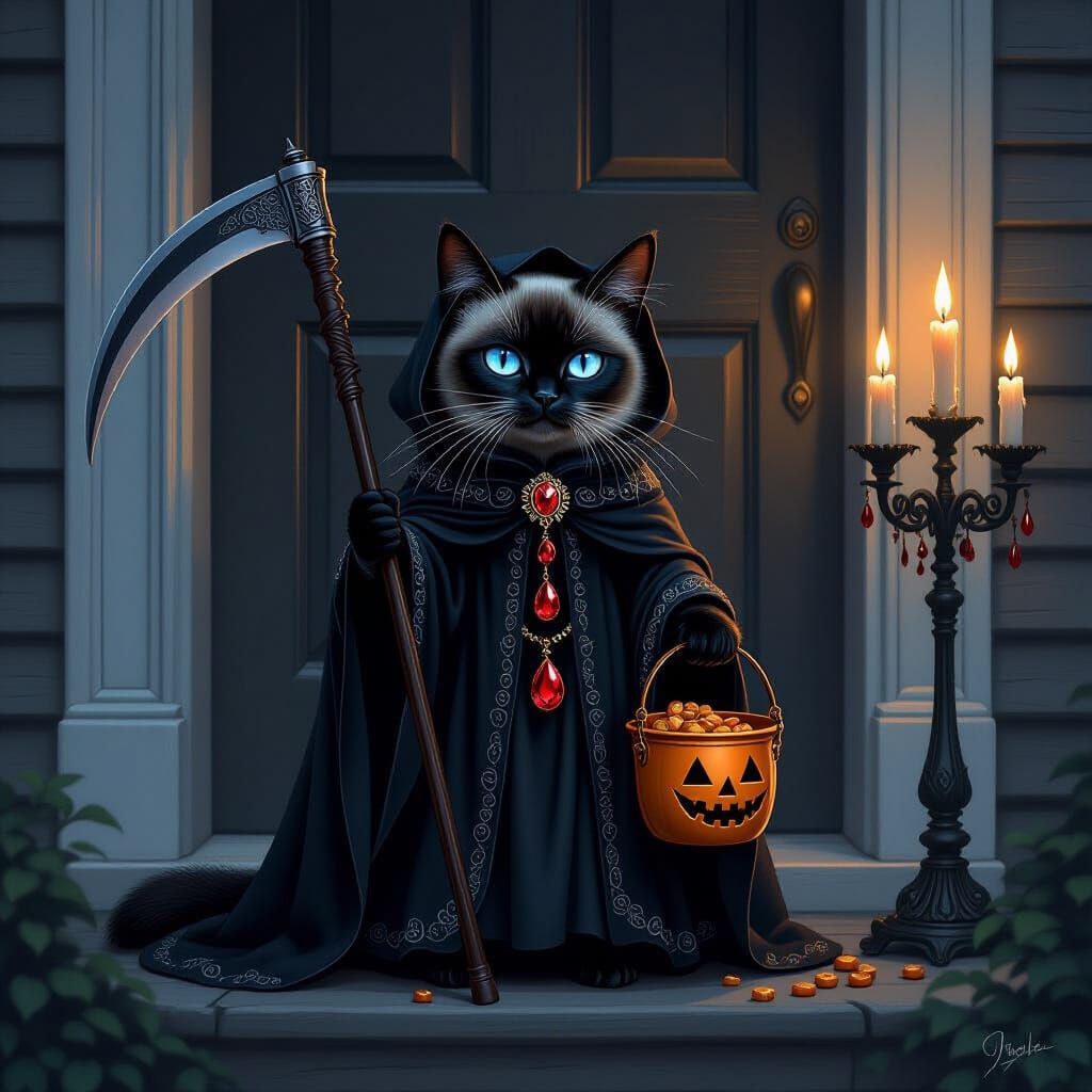 Regal Siamese Cat Grim Reaper on Gothic Porch