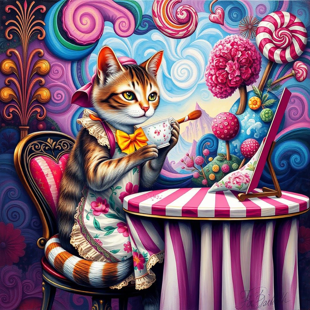 Whimsical Cat Paints Candyland Wonderland in Bright, Bold Hu...