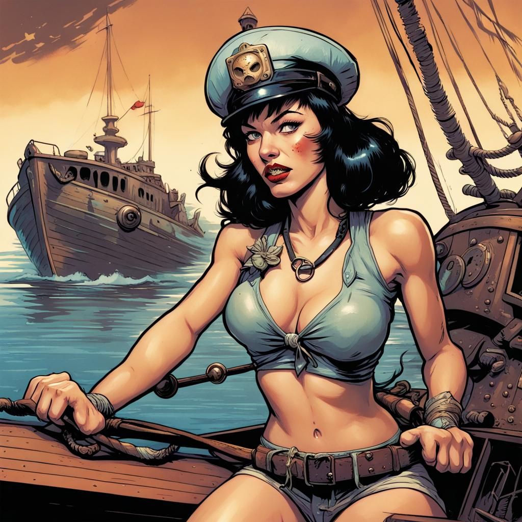 Betty Page as Boat Girl in Comic Book Art