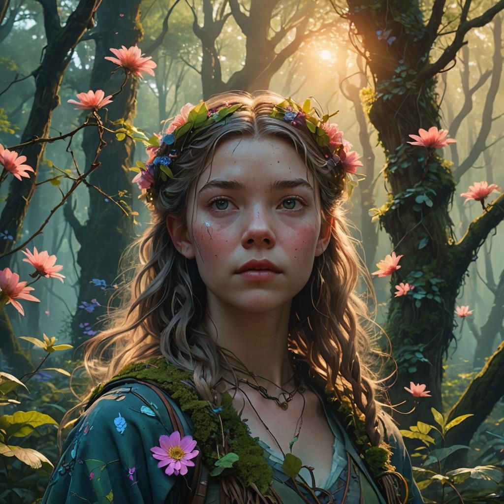 Mystical Elf Woman in Ancient Forest