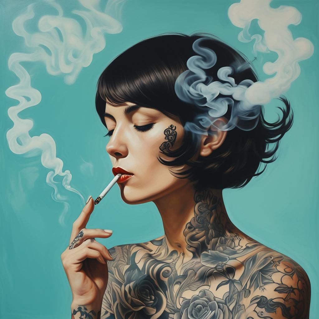 Brunette Woman Smoking in Surrealist Dreamscape