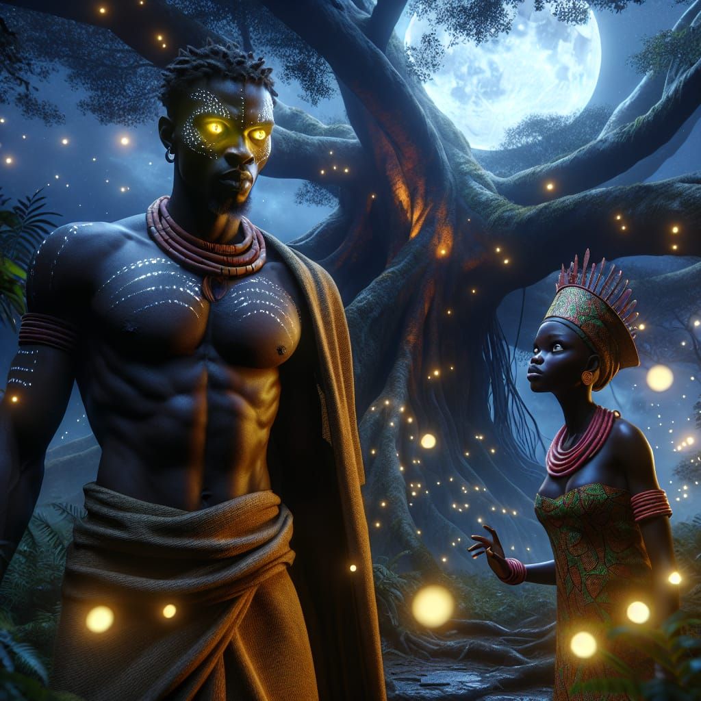 African Man and Igbo Princess in Moonlit Forest