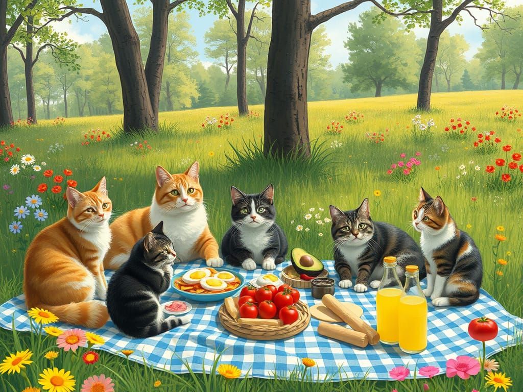 Cats in Whimsical Picnic Scene