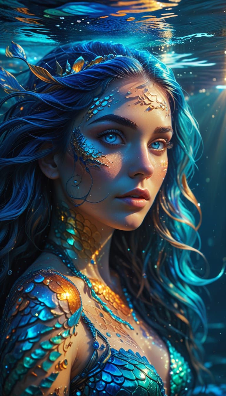 "mysterious beautiful mermaid with glowing saphir blue eyes, soft pale skin, long flowing blue hair, swimming under the ...