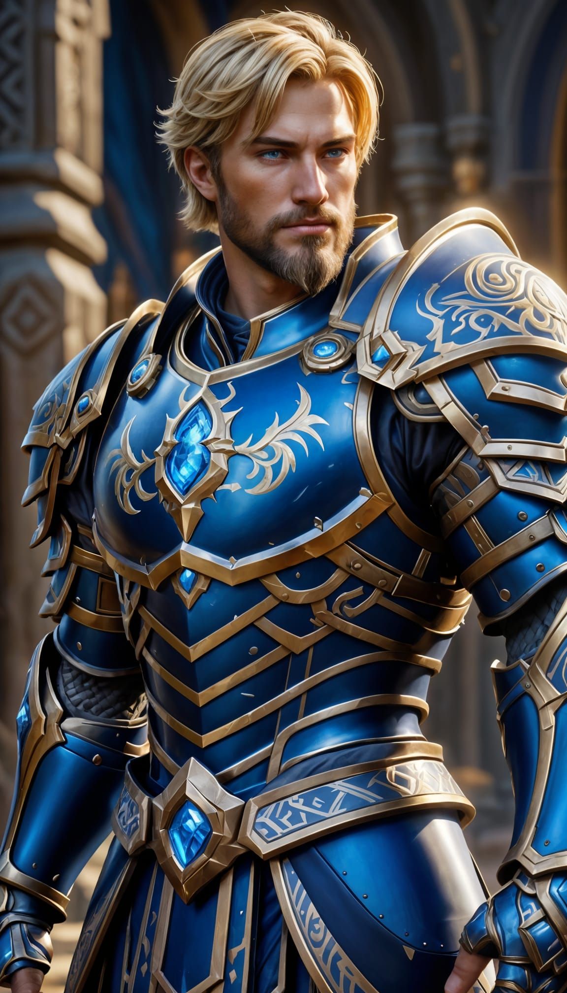 Hyperrealistic Paladin in Dark Blue Armor, Warcraft Style