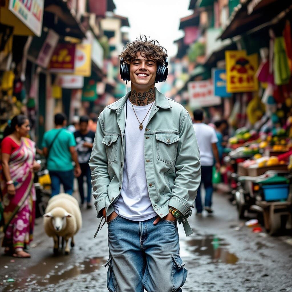 Teenager in Crowded Brazilian Market Street, Eclectic Style