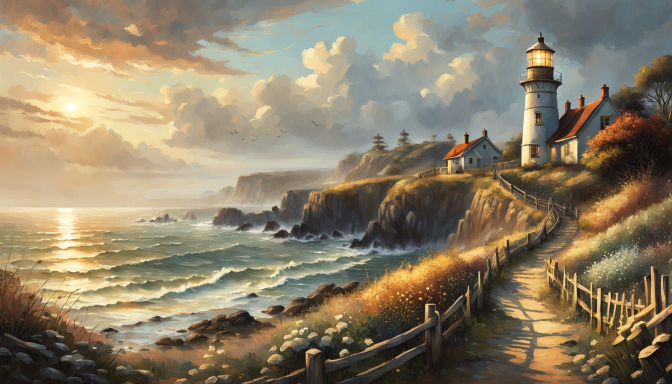 Vintage Lighthouse Above a Stormy Sea with Golden Light