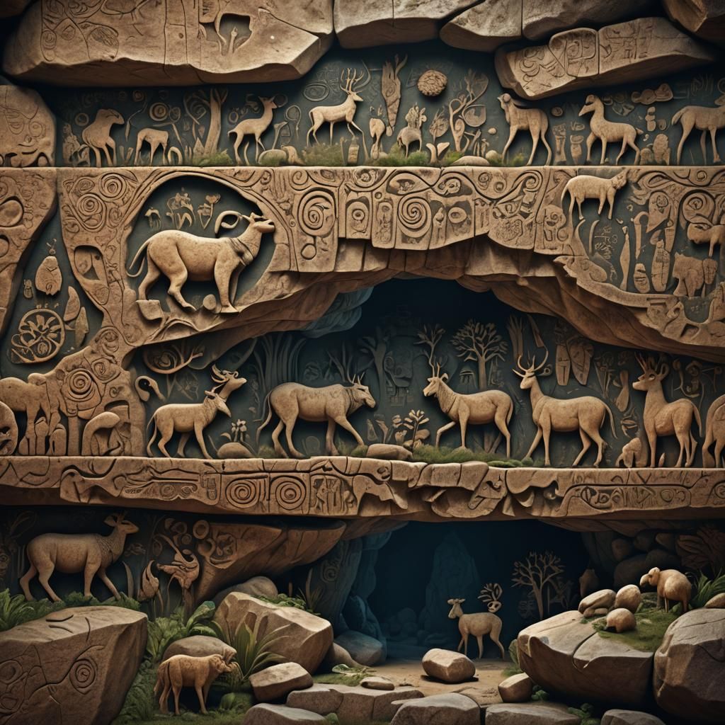 Prehistoric Cave Wall Engravings in Detailed Matte Painting