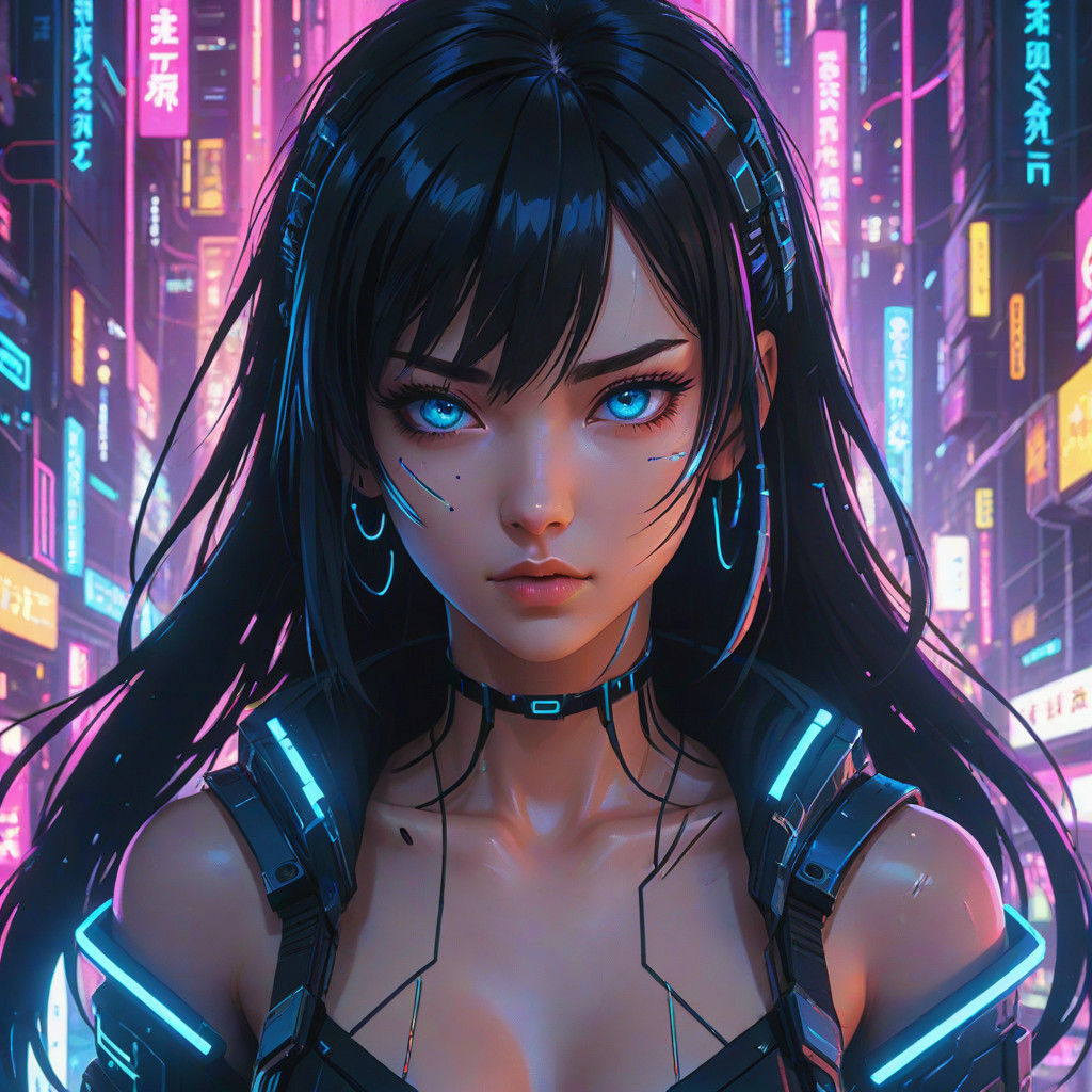 Vibrant Cyberpunk Anime Goddess in Neon Metropolis
