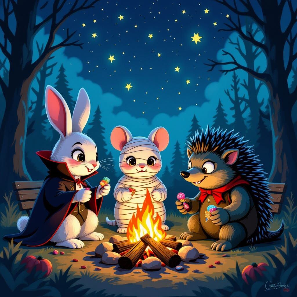 Woodland Creatures in Gothic Fantasy Costumes Around Campfir...