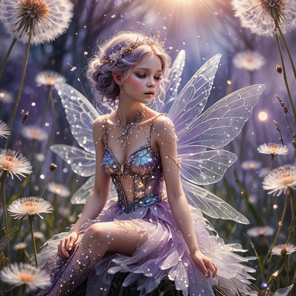 Glitter Fairy on Dandelion in Opalescent Light