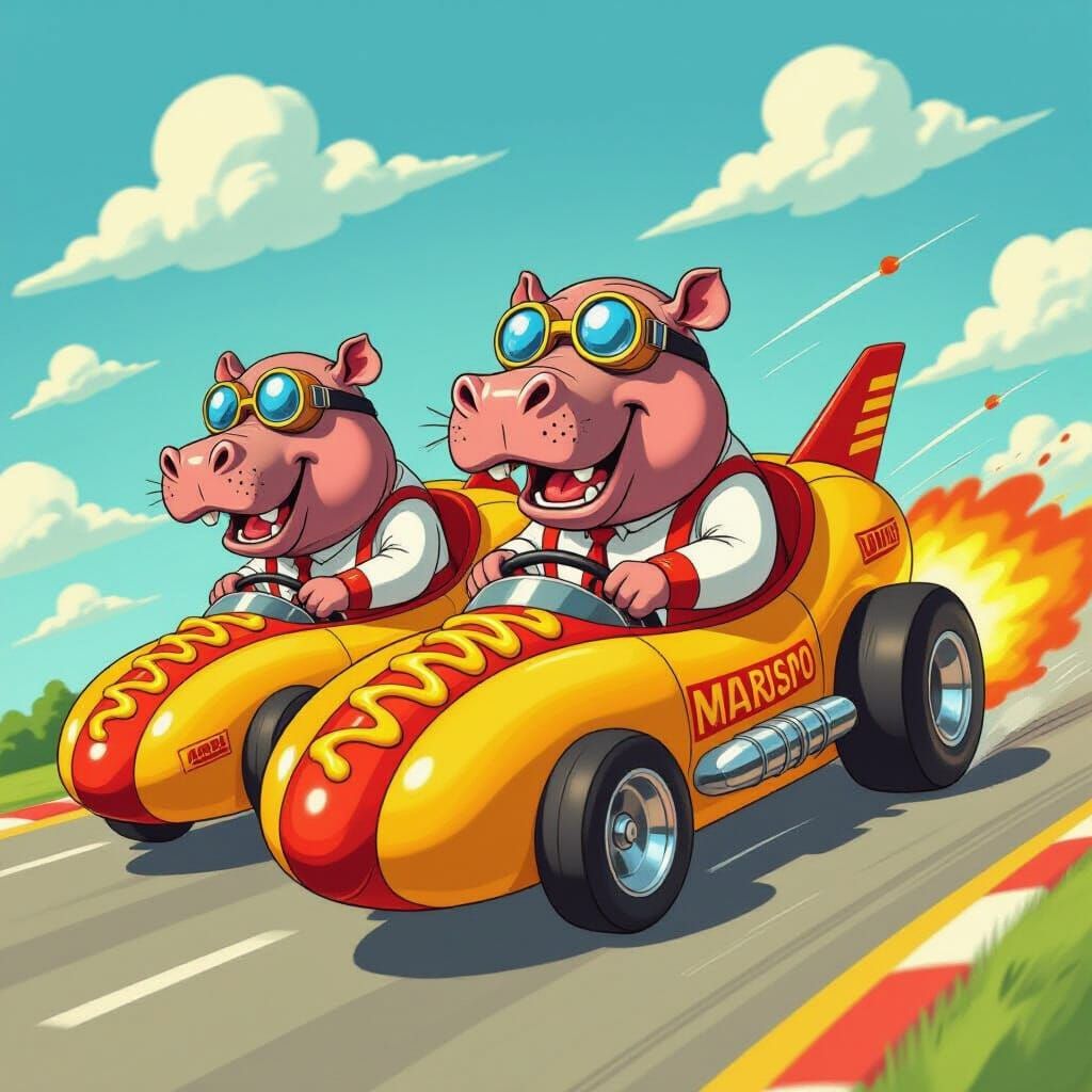 Cartoon Hippos Racing Hot Dog Cars in Bakshi Style