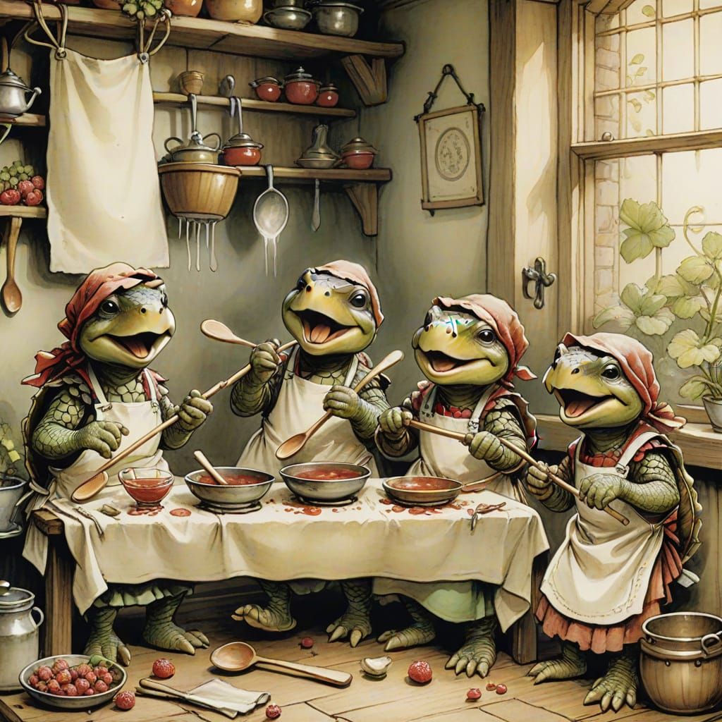 Singing Turtles Making Jam, Arthur Rackham Style
