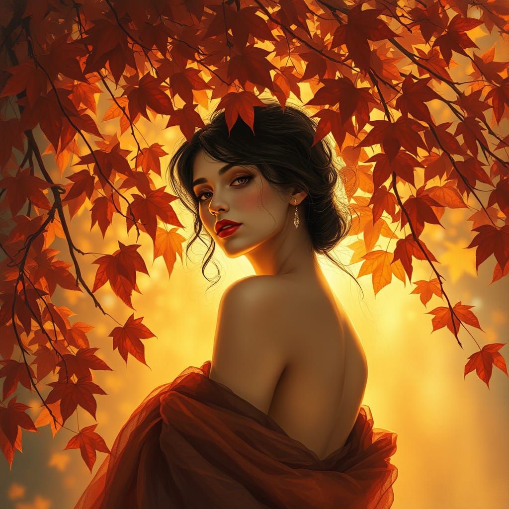 Autumnal Woman in Organic Art Nouveau Style