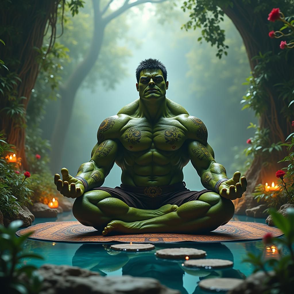Hulk Practicing Yoga in Enchanted Forest