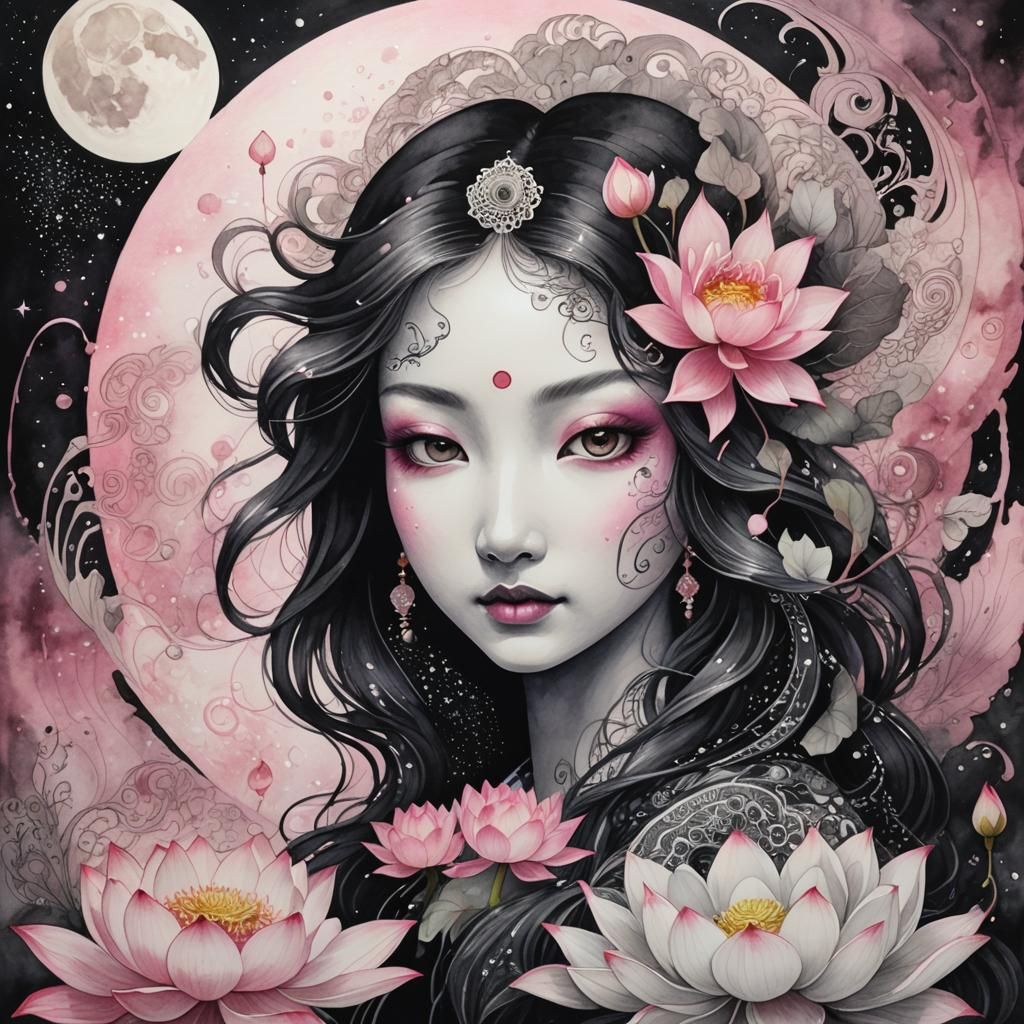 Yin Yang Lotus in Ink Wash Painting