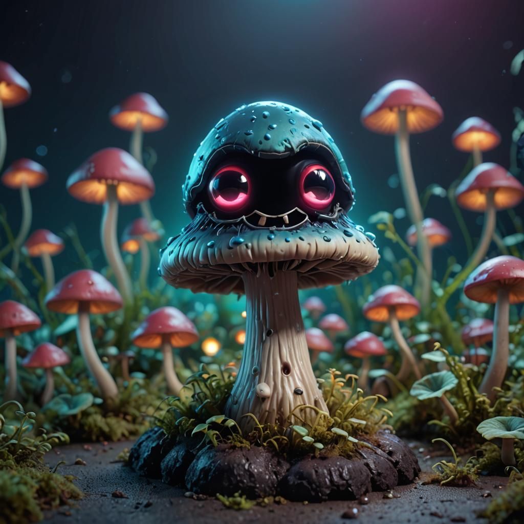 bioluminescent little evil mushroom with an evil face, evil ...