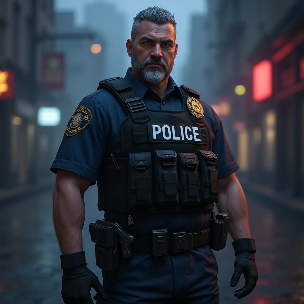Tall, Dark Police Officer in a Creepy City Night Scene