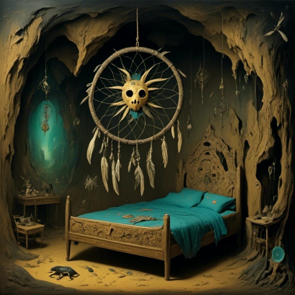 Dream Catcher in Bioluminescent Cave Bedroom