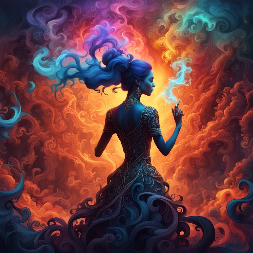 Dreamlike Woman Silhouette in Colorful Smoke, Matte Painting