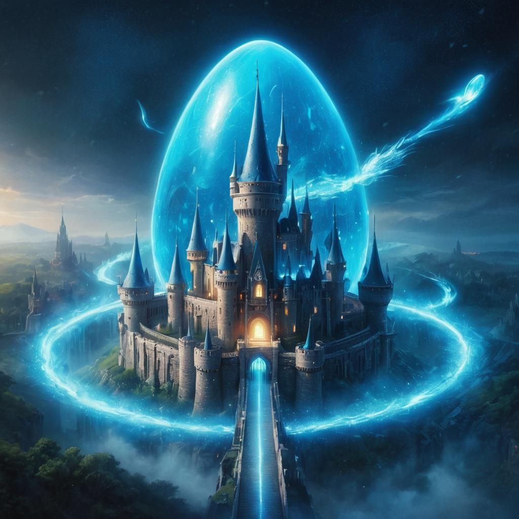 a castle with a glowing blue egg-shaped force field around it