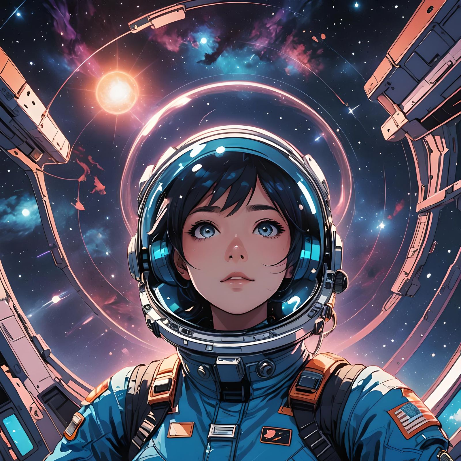 Anime Girl in Spacesuit Gazing at Nebula