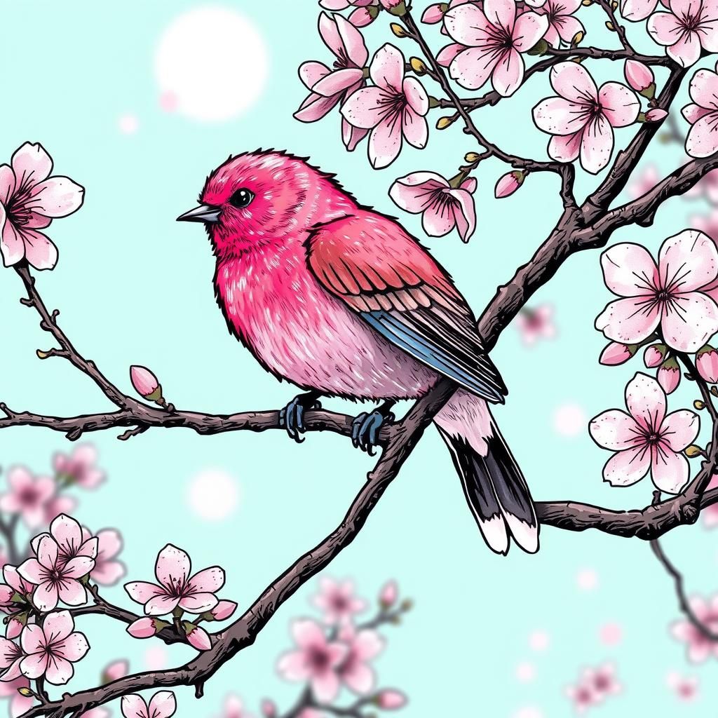 Pink Bird on Cherry Blossom Branch Art