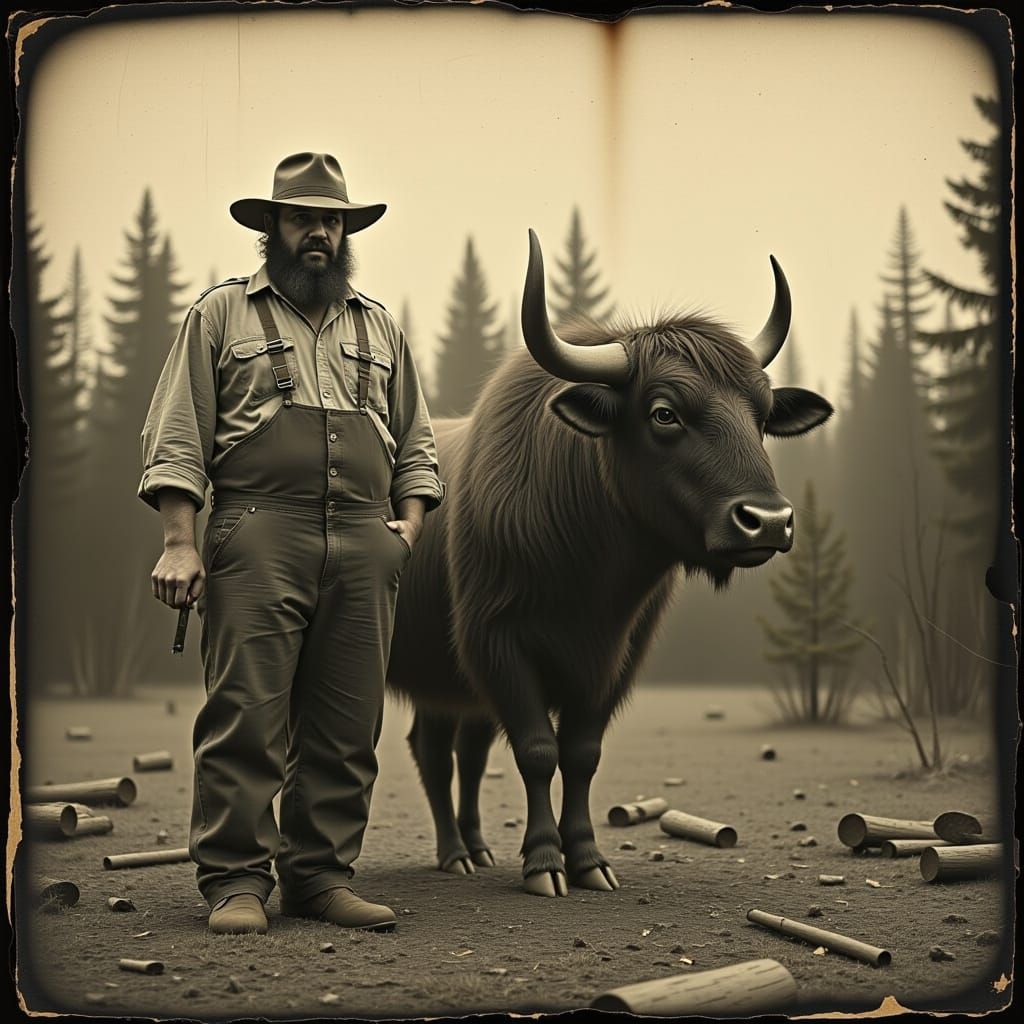 Paul Bunyan and Babe the Blue Ox Vintage Photo