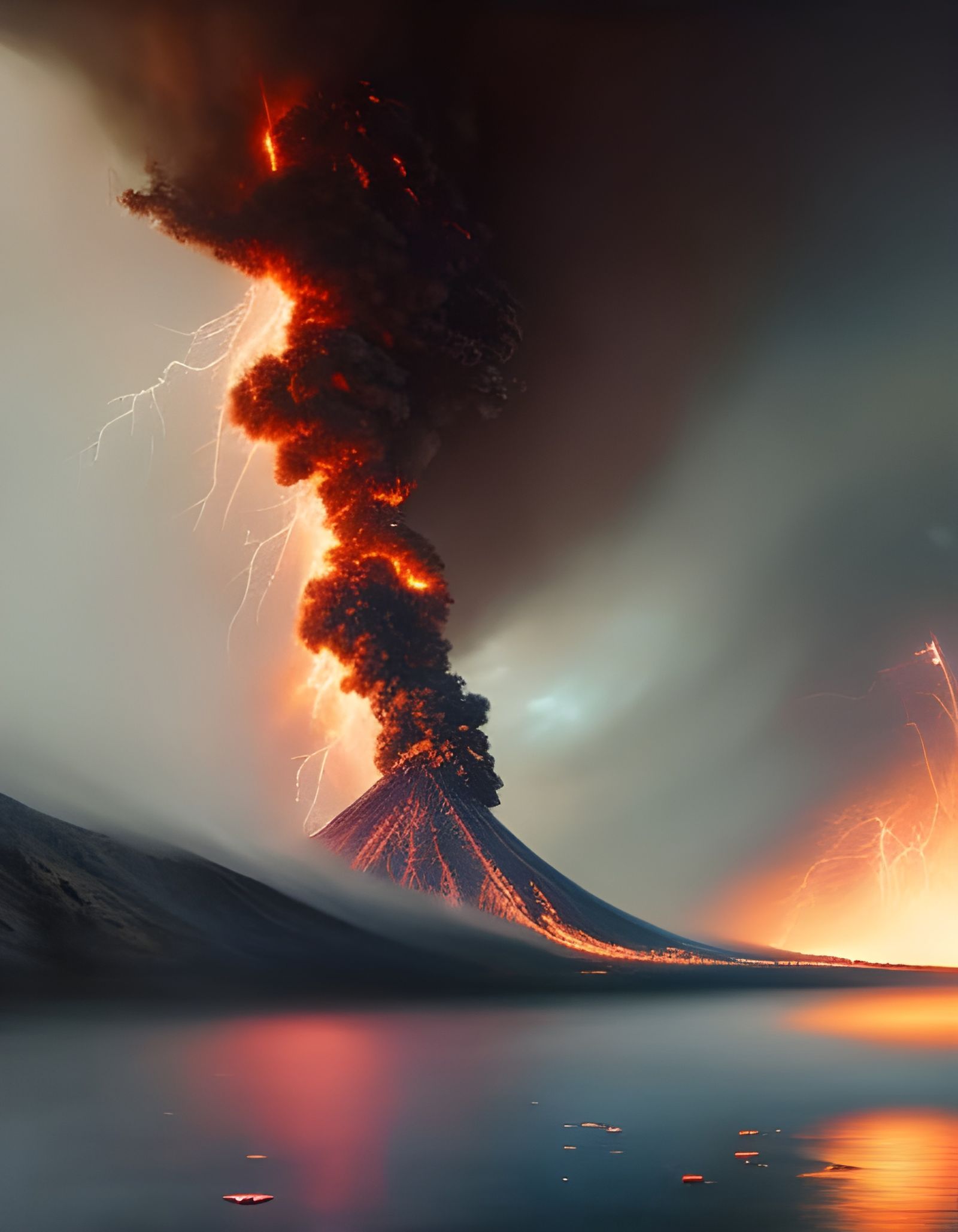 Volcanic Eruption with Lightning, Oil Painting Style