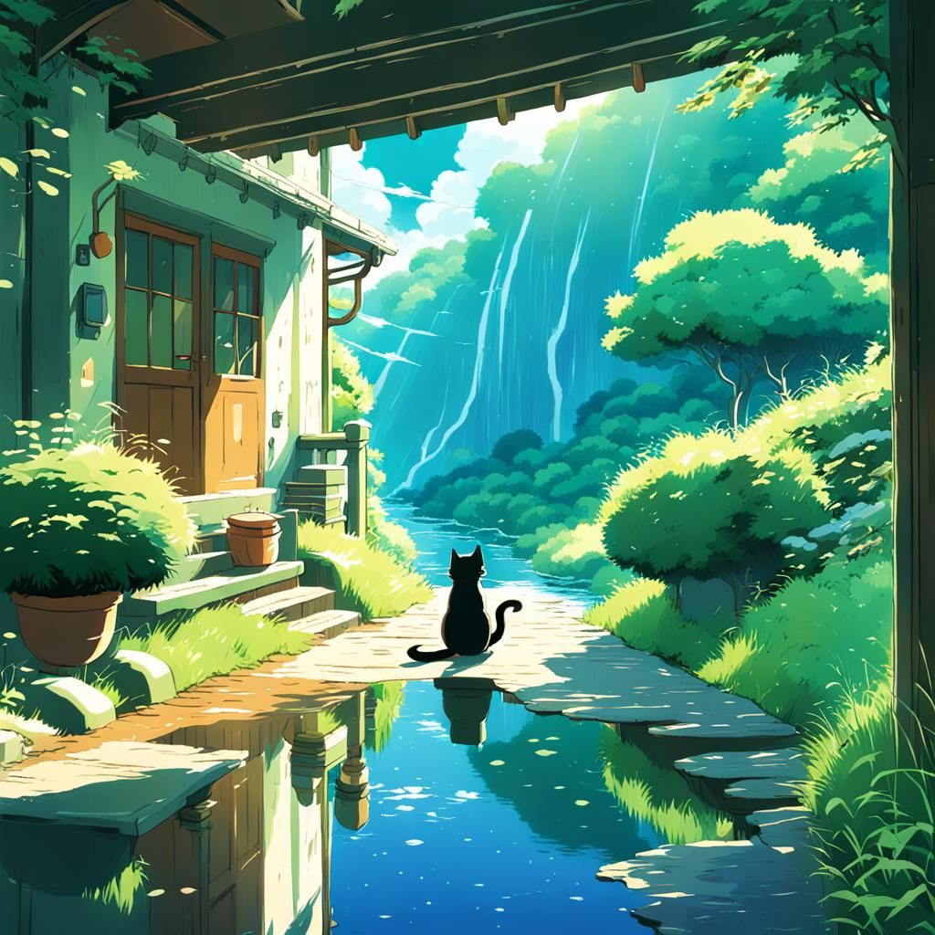 Anime Cat by Makoto Shinkai in Studio Ghibli Style