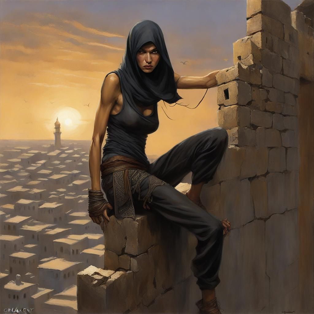 Thief Overlooking Arabian Village at Dusk